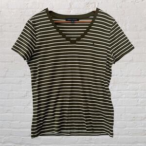 Tommy Hilfiger Oliver Green White Striped V Neck Short Sleeve 100% Cotton Top L